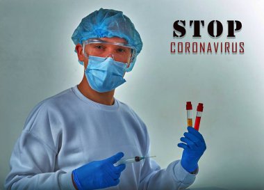 Coronavirus COVID19 'un arka plan fotoğrafını durdurun. Doktor portresi, tıbbi geçmiş, şablon, duvar kağıdı. Coronavirus hastalığı, hastalık, tehdit. COVID19 tedavi kavramı