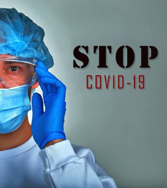 Coronavirus 'u, tıbbi geçmişi, duvar kağıdını durdurun. Coronavirus hastalığı COVID19, hastane, karantina, analiz konsepti. Doktor portresi