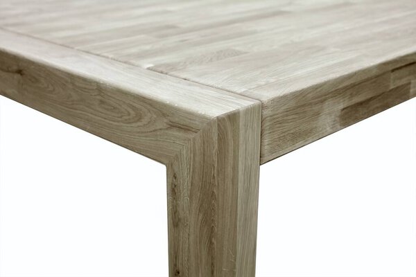 Wooden dinner table surface. Natural wood furniture close view photo background. Solid wood table top and legs. Eco furniture production, manufacturing
