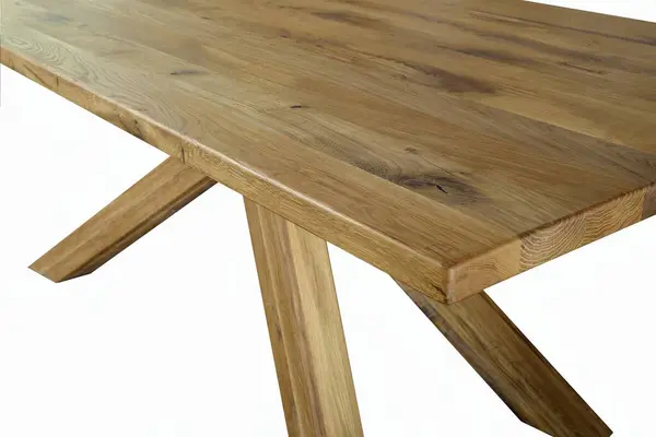 Wooden table surface. Natural wood furniture close view photo background. Solid wood table top and legs. Eco furniture production, manufacturing