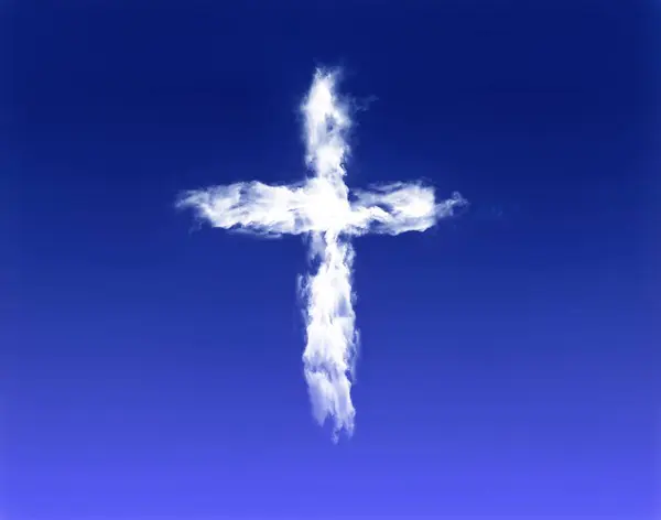 White cross shaped cloud flying in the deep blue sky. Smoke shape of a crucifixion illustration