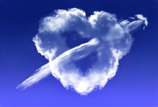 Heart shape white cloud with a cloud arrow going through it, isolated over blue sky background. Love and romantic passion conceptual illustration