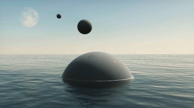 Uzaylı uzay dünya deniz suyu için azalan. Ayı, 3d çizim uçan Ufo küreler