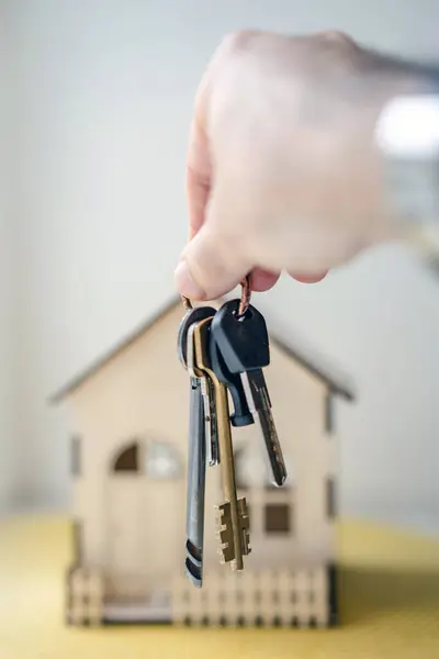 House keys close view. Buying a house background. Real estate concept