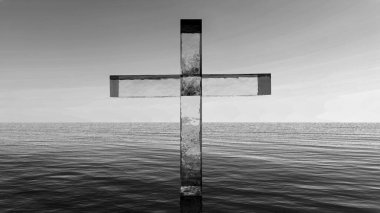 Cam çapraz ayakta denizin içinde. Christian 3d çizim