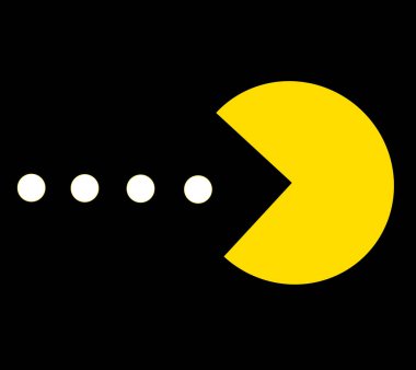 Pac Man eating white balls, video game theme vector illustration. Retro game thematic drawing