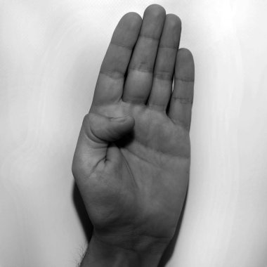 Sağırlar için Amerikan İşaret Dili (ASL) B harfi, bir elin siyah ve beyaz tek renkli fotoğrafı