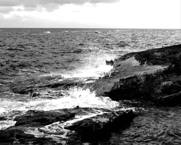 stock image Sea waves, ocean shore, beach black and white photo background