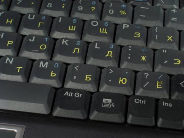 Laptop klavye kapatma arkaplanı. Rus klavyesi ve İngilizce harfler