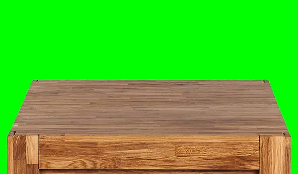 stock image Wooden dinner table surface. Natural wood furniture close view. Tabletop isolated over green screen chroma key background