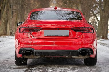 Modern red sport car in the winter forest background,  car wallpaper