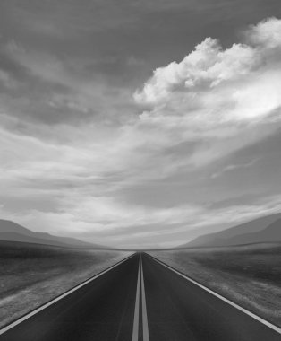 Otoyol geçmişi. Boş yol çizimi. Siyah beyaz fotoğraf