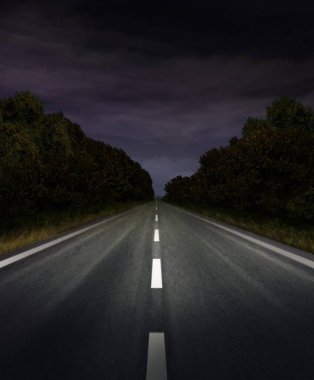 Gece yolu geçmişi. Gece boş otoban, araba çizimi.