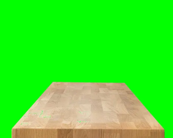 stock image Wooden dinner table surface. Natural wood furniture close view. Tabletop isolated over green screen chroma key background