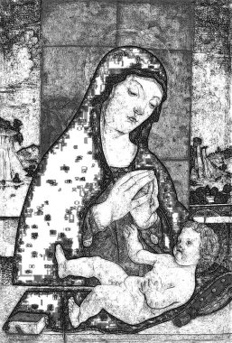 Meryem Ana ve çocuk İsa 'nın siyah beyaz çizdiği resim