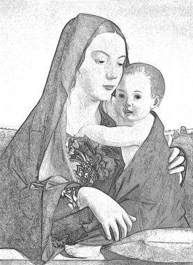 Meryem Ana ve çocuk İsa 'nın siyah beyaz çizdiği resim