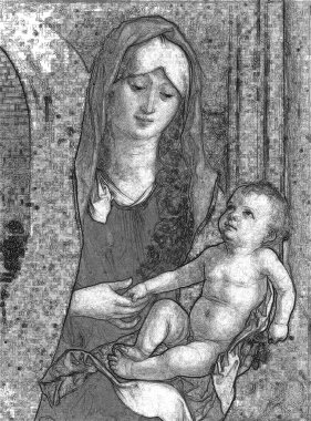 Meryem Ana ve çocuk İsa 'nın siyah beyaz çizdiği resim