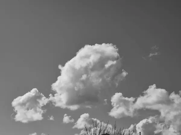 stock image Summer white fluffy cumulus clouds in the deep blue sky. Black and white monochrome grayscale photo