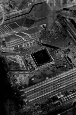 Mikroçip, bilgisayar işlemcisi ve ana kart, bilgisayar devreleri ve detaylı görüntü fotoğrafı. Yüksek teknoloji yenilik arka planı