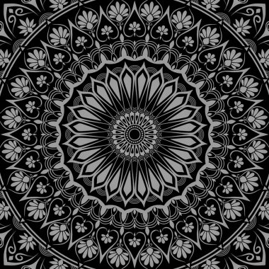 Mandala süsü, iç dekorasyon sembollerinin simetrik kombinasyonu siyah ve beyaz soyut arka plan