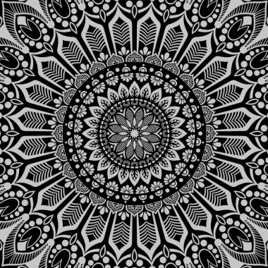 Mandala süsü, iç dekorasyon sembollerinin simetrik kombinasyonu siyah ve beyaz soyut arka plan