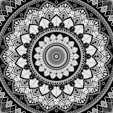 Mandala süsü, iç dekorasyon sembollerinin simetrik kombinasyonu siyah ve beyaz soyut arka plan