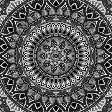 Mandala süsü, iç dekorasyon sembollerinin simetrik kombinasyonu siyah ve beyaz soyut arka plan