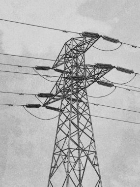 Yüksek voltajlı elektrik direği ve kablolar, elektrik iletim kalemi çizimi