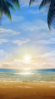 Palm Trees ve Sunset Arkaplanlı Tropikal Plaj Panoraması