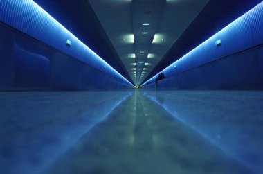 Islak Havalimanı Zeminindeki Neon Işıklarının Siluetlerle Yansıması