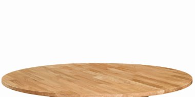 Wooden dinner table surface. Natural wood furniture close view. Tabletop isolated over white background. Solid wood dinner table top for video or photo production