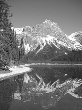 Highland Mountain Landscape with Snow, Water, and Larch Trees clipart