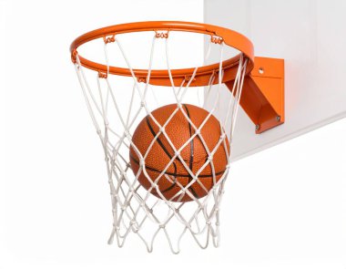 Basketbol topu ve beyaz arka planda bir sepet, spor konseri