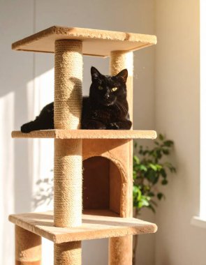 Güneş ışınlarıyla kedi ağacında uzanmış, kameraya bakan muhteşem kara kedi.