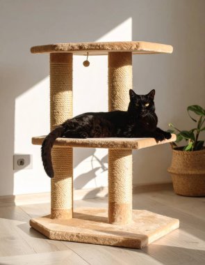 Güneş ışınlarıyla kedi ağacında uzanmış, kameraya bakan muhteşem kara kedi.