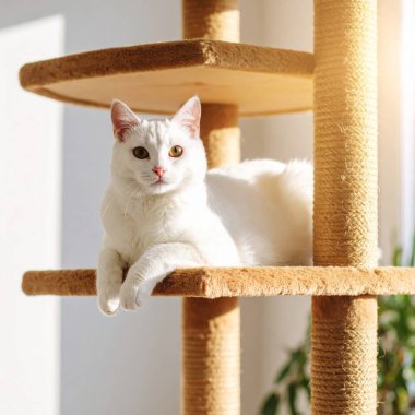 Güneş ışınlarıyla kedi ağacında uzanmış, kameraya bakan muhteşem beyaz kedi.
