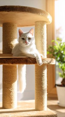 Güneş ışınlarıyla kedi ağacında uzanmış, kameraya bakan muhteşem beyaz kedi.
