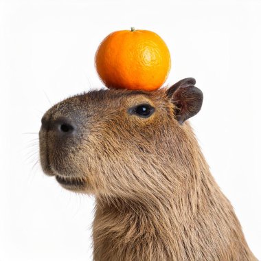 Beyaz arka planda mandalinası olan şirin bir capybara.