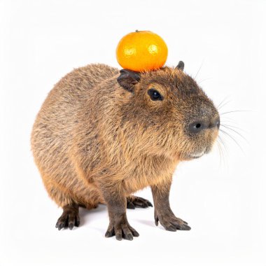 Beyaz arka planda mandalinası olan şirin bir capybara.