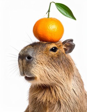 Cute capybara with tangerine over white background