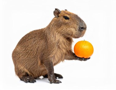 Beyaz arka planda mandalinası olan şirin bir capybara.