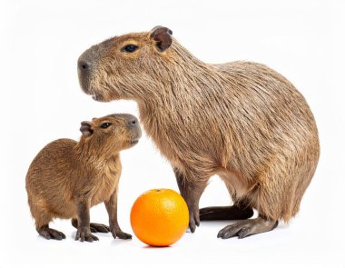 Beyaz arka planda mandalinası olan şirin bir capybara.