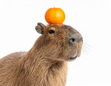 Beyaz arka planda mandalinası olan şirin bir capybara.