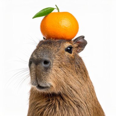 Beyaz arka planda mandalinası olan şirin bir capybara.