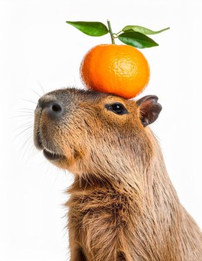 Beyaz arka planda mandalinası olan şirin bir capybara.
