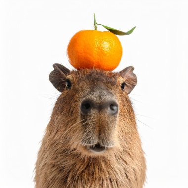 Beyaz arka planda mandalinası olan şirin bir capybara.