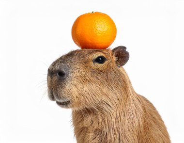 Cute capybara with tangerine over white background