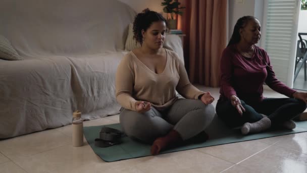 Happy Young Daughter Her Mother Doing Yoga Home — Stock Video