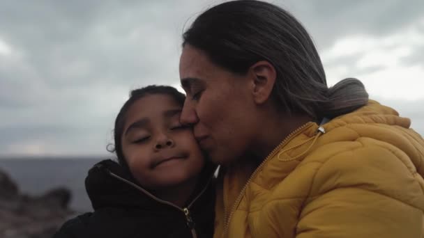 Happy Latin Mother Having Tender Moment Her Child Winter Holidays — Stock Video