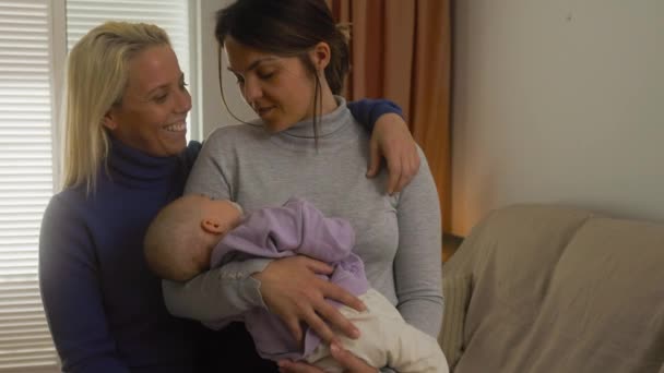 Happy Lesbian Couple Having Tender Moments Small Baby Home Family — Stock video